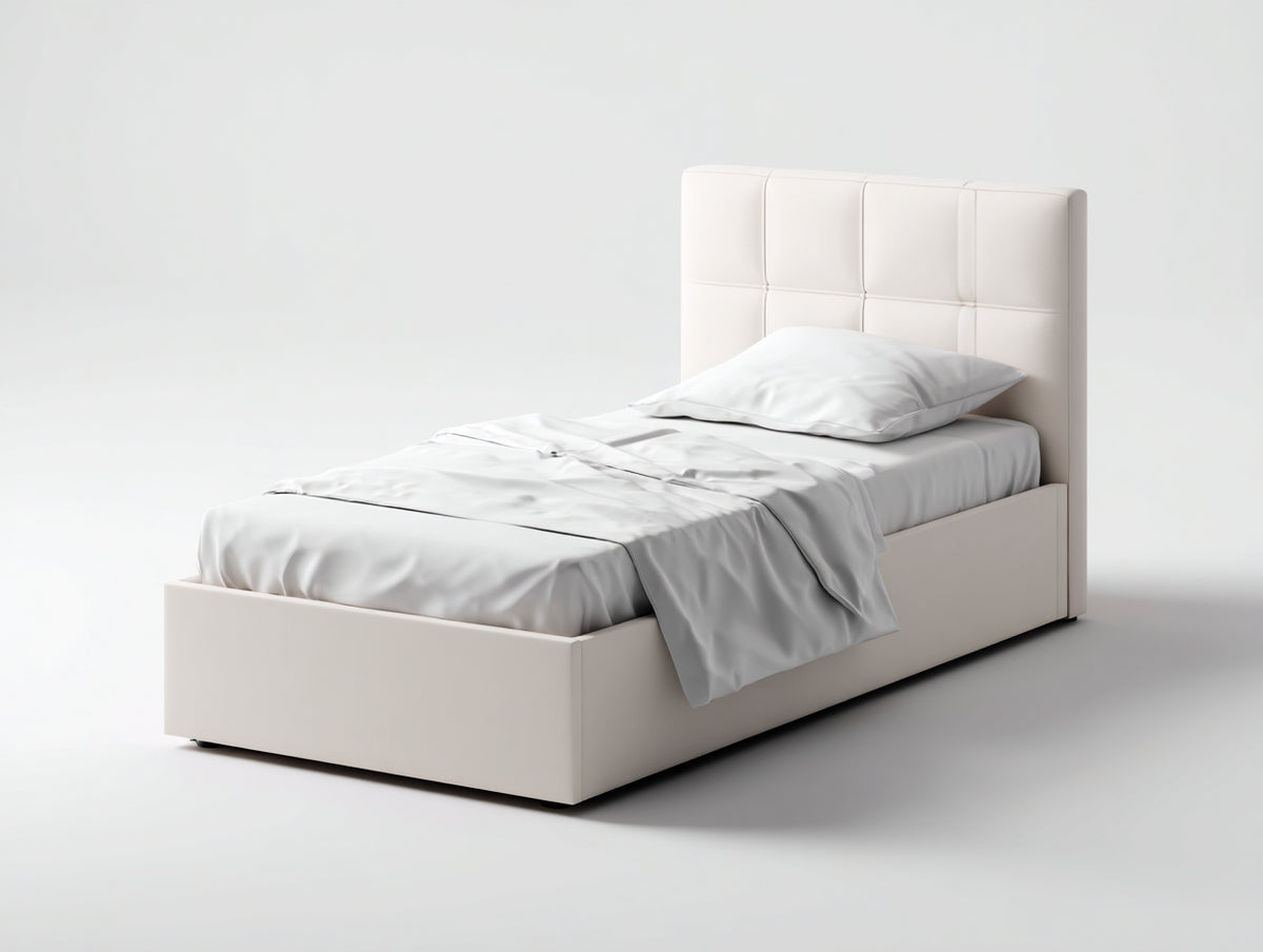Camas individuales 210 x 105 x 115 cm - Blanco crema - Cama tapizada con cabecero acolchado geométrico y base cerrada