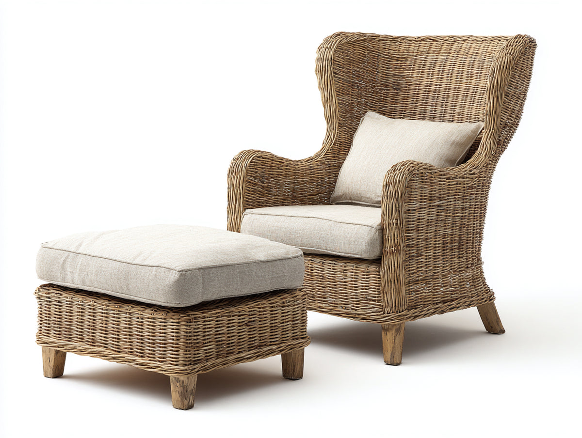 Sillones de ratán de una plaza con reposapiés ratán tejido y tela 100x85x100 cm - marrón natural-beige - estilo rústico para salón