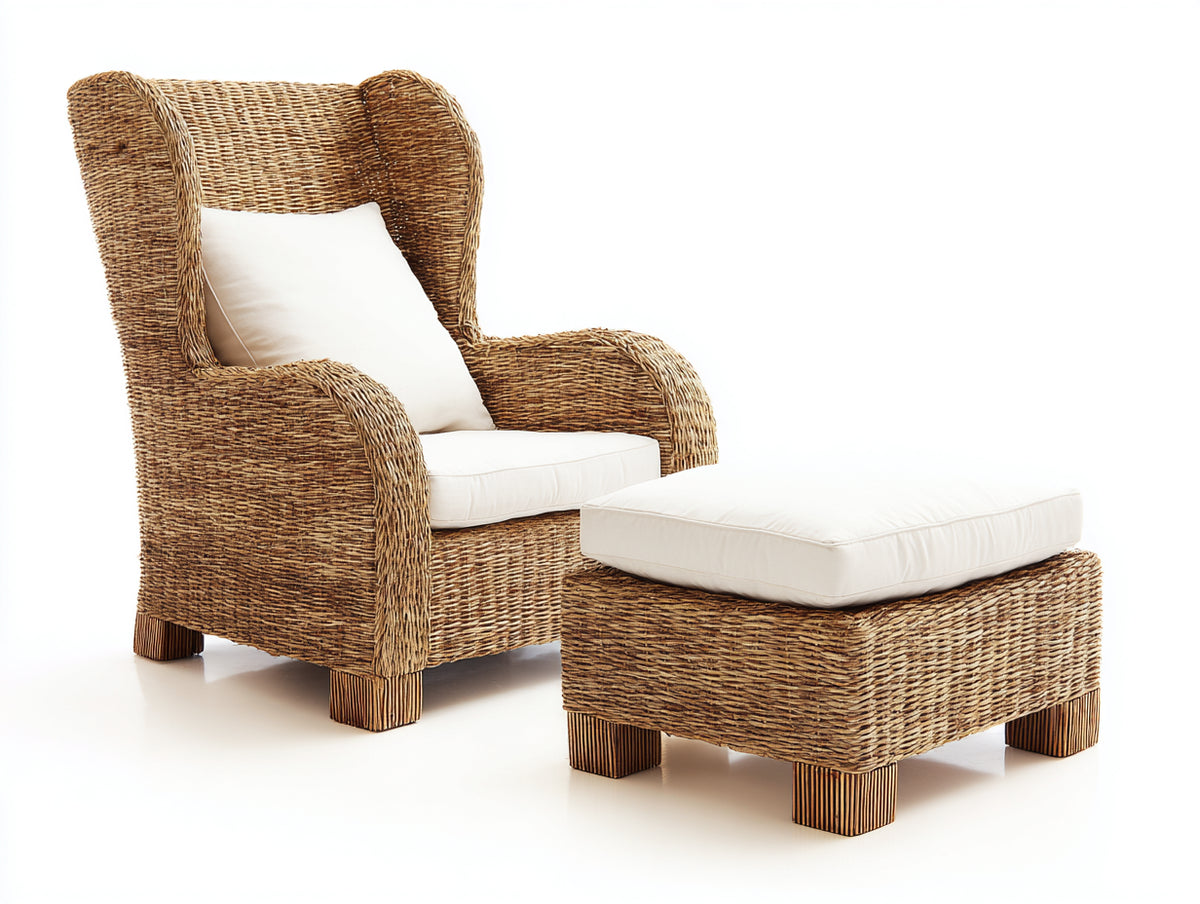 Sillones de ratán 88x90x112 cm - ratán natural y crema - sillón orejero con reposapiés estilo clásico