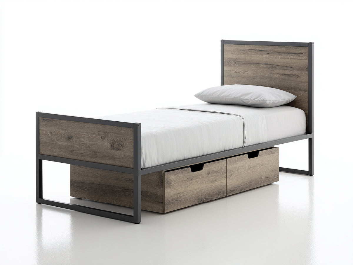 Camas individuales 210 x 105 x 110 cm - Marrón grisáceo y negro - Cama con estructura metálica y 2 cajones inferiores