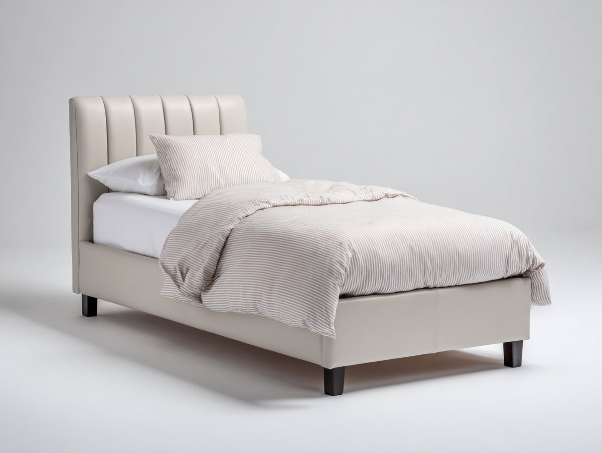 Camas individuales tapizadas 210 x 105 x 115 cm - beige claro - cama individual con cabecero acanalado y diseño moderno