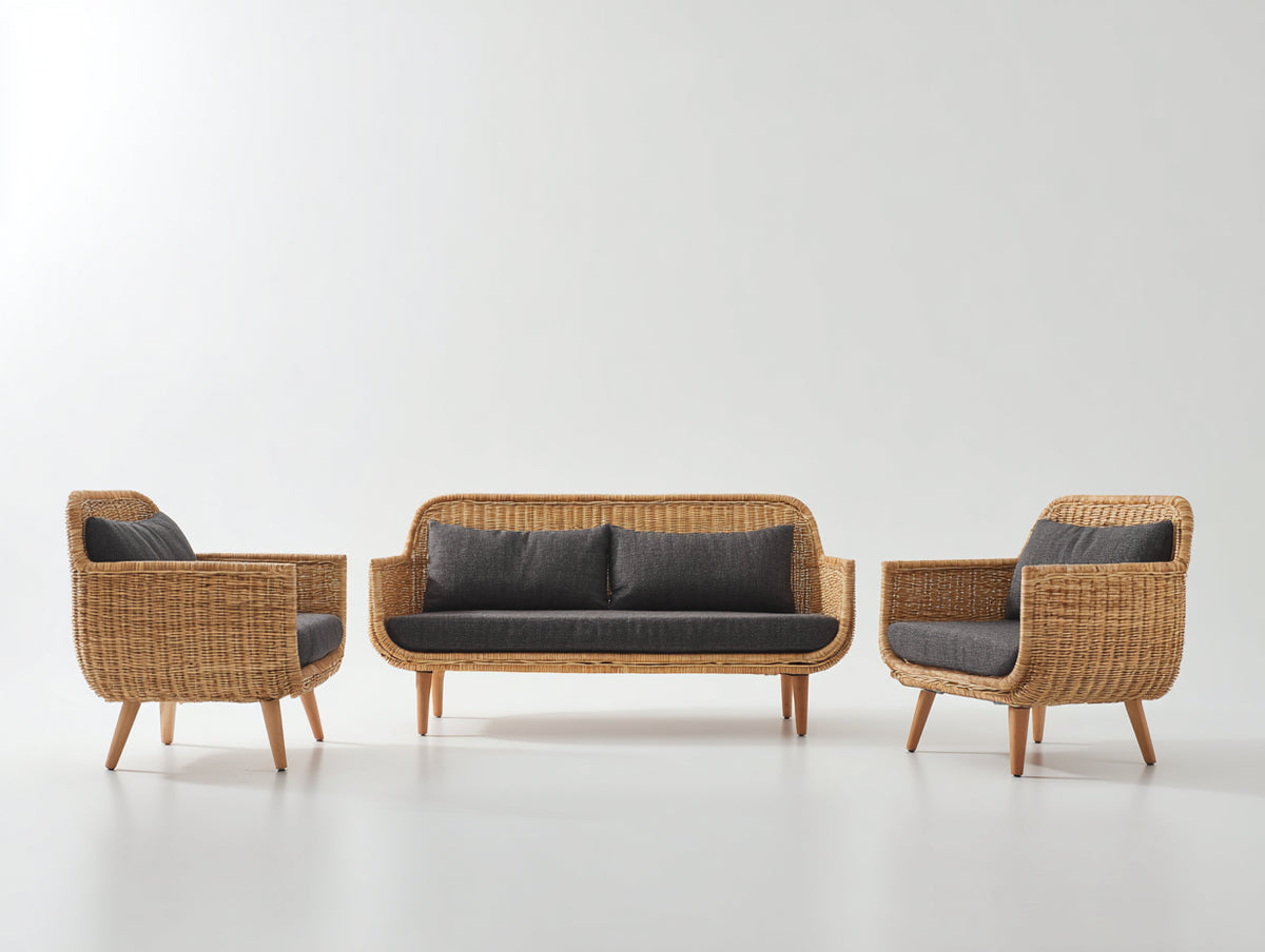 Sofás de exterior 160 x 75 x 80 cm - Marrón natural y gris oscuro - Conjunto de 1 sofá de 2 plazas y 2 sillones de ratán