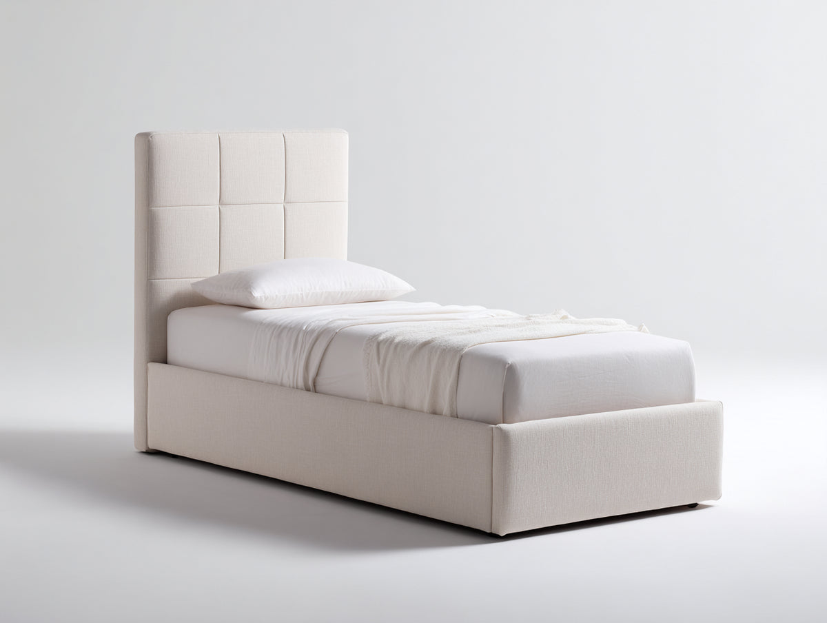 Camas individuales tapizadas 210 x 105 x 120 cm - beige claro - cama individual con cabecero acolchado de paneles y diseño moderno