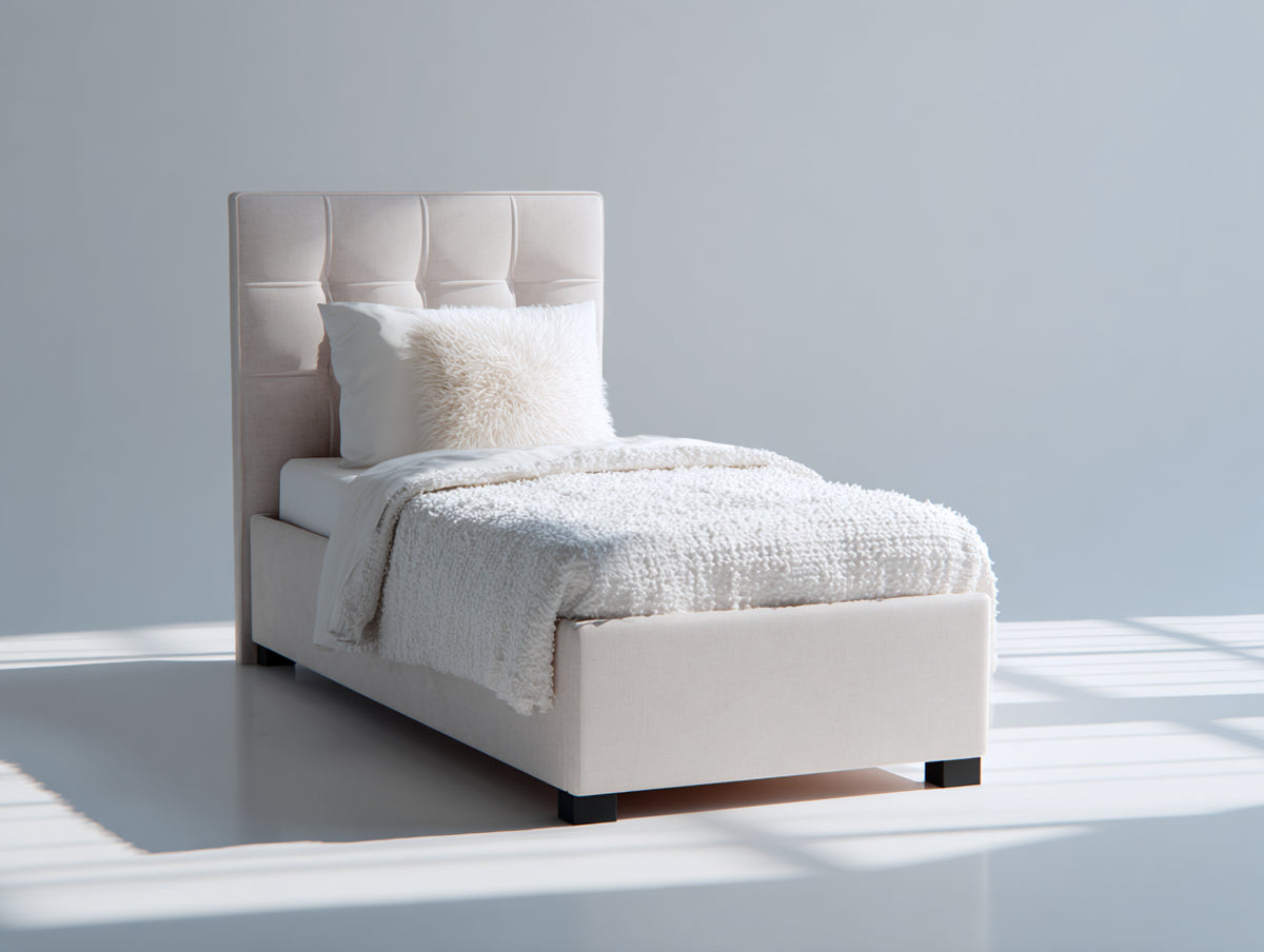 Camas individuales 210 x 105 x 110 cm - Beige claro - Cama tapizada con cabecero acolchado capitoné y patas oscuras