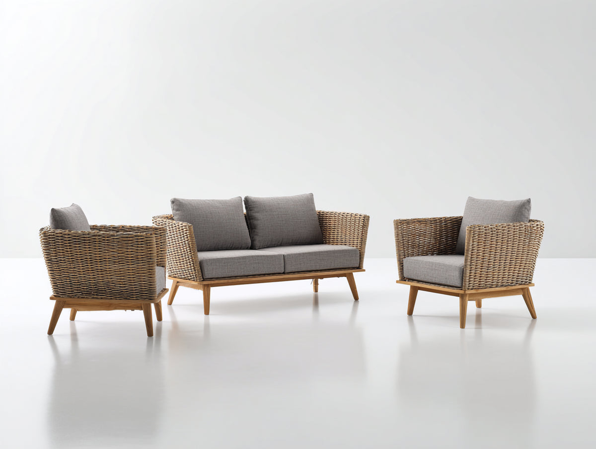 Sofás de exterior de ratán 170x78x78 cm - ratán natural y gris - conjunto de 3 piezas con estructura de madera estilo moderno