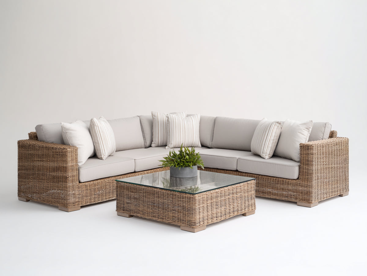 Sofás de exterior de ratán 240 x 240 x 78 cm - marrón natural y beige claro - sofá de esquina con mesa de centro cuadrada