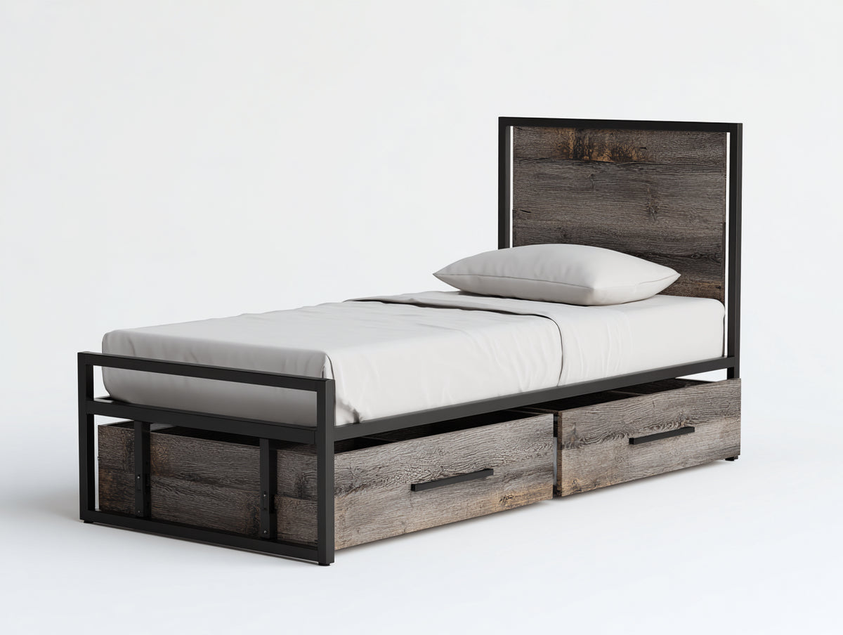 Camas individuales de metal y madera 205 x 105 x 120 cm - negro-marrón - estilo industrial con 2 cajones
