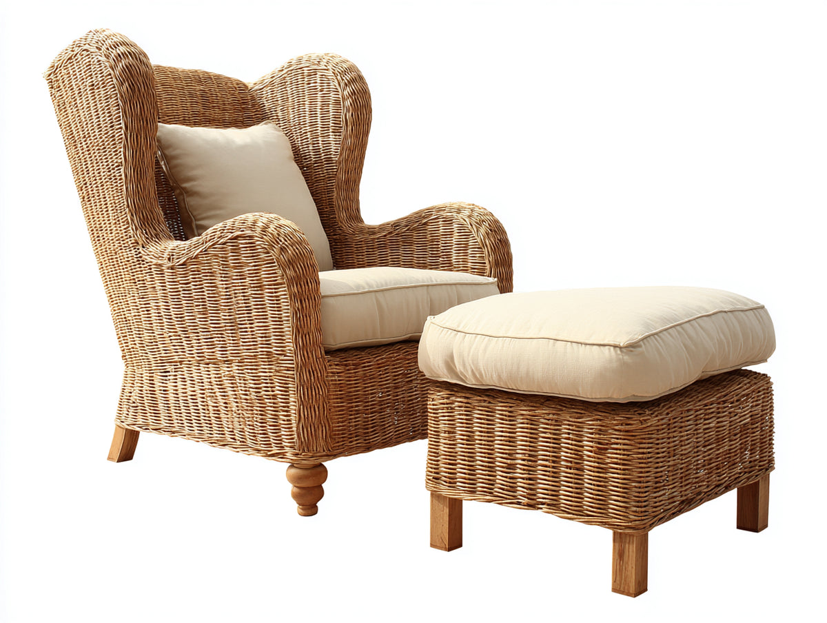Sillones de ratán 88 x 92 x 110 cm - marrón natural y beige - sillón orejero con reposabrazos y reposapiés acolchado
