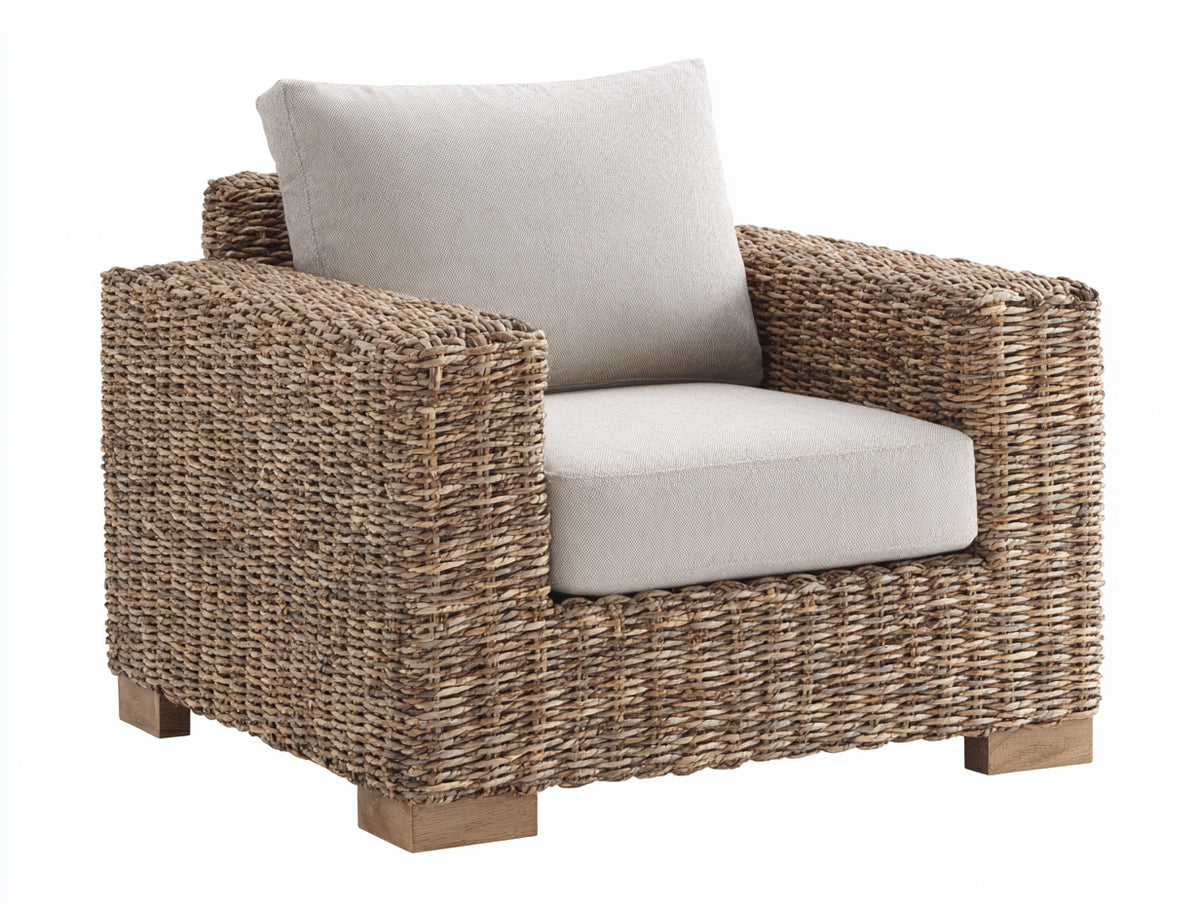 Sillones de ratán 92 x 88 x 82 cm - marrón natural y beige claro - sillón individual con reposabrazos y asiento acolchado