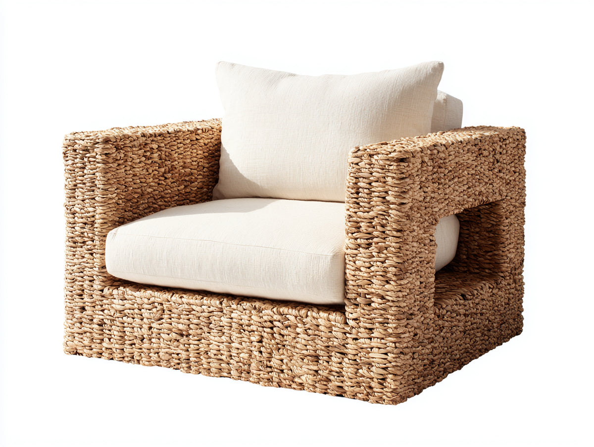 Sillones de ratán 95 x 90 x 82 cm - marrón natural y beige claro - sillón individual con reposabrazos anchos y asiento acolchado