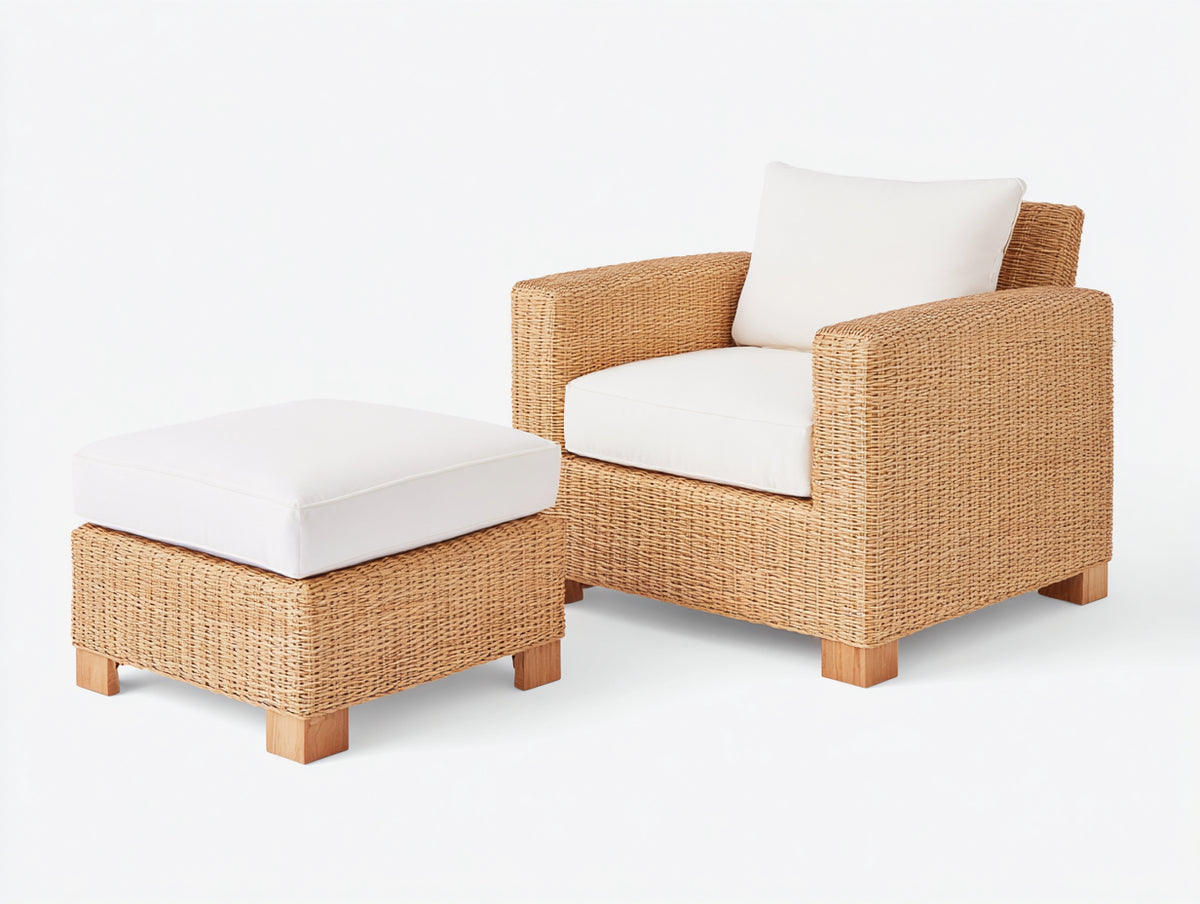 Sillones de ratán de una plaza con reposapiés ratán tejido y tela 120x80x75 cm - beige-blanco - estilo natural para salón