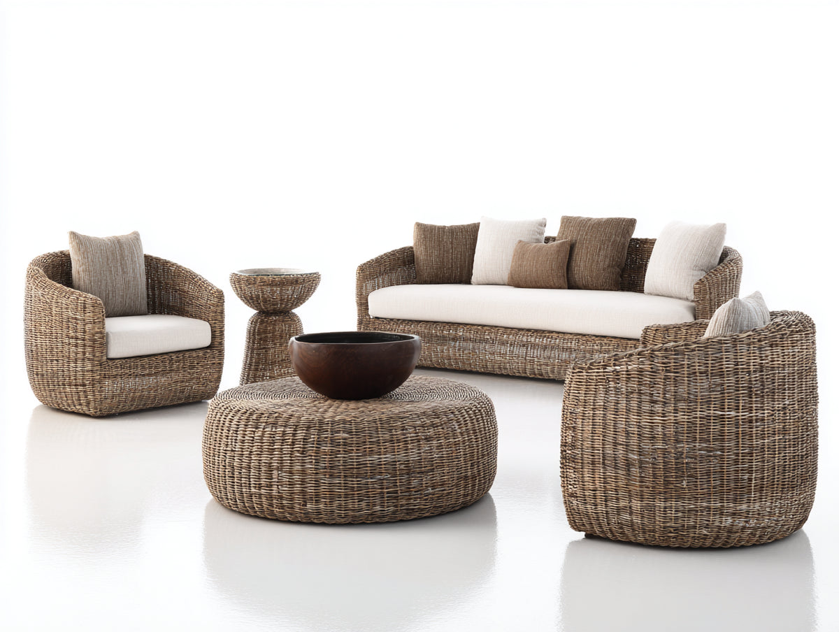 Sofás de exterior de ratán conjunto 300x90x75 cm - marrón natural-blanco - diseño natural para terraza