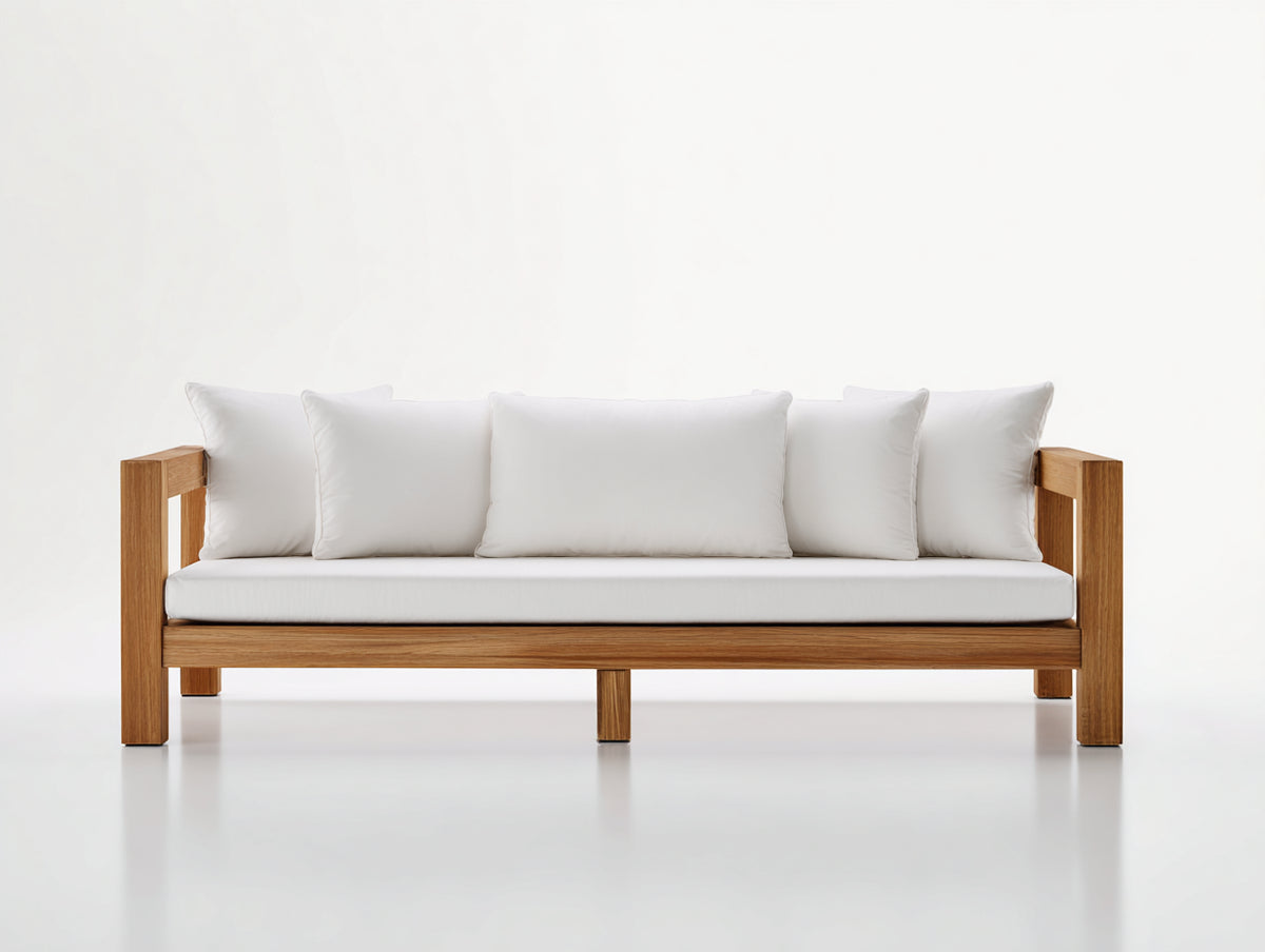 Sofás de exterior 200 x 80 x 75 cm - Madera natural y blanco - Sofá de 3 plazas con estructura de madera y brazos rectos