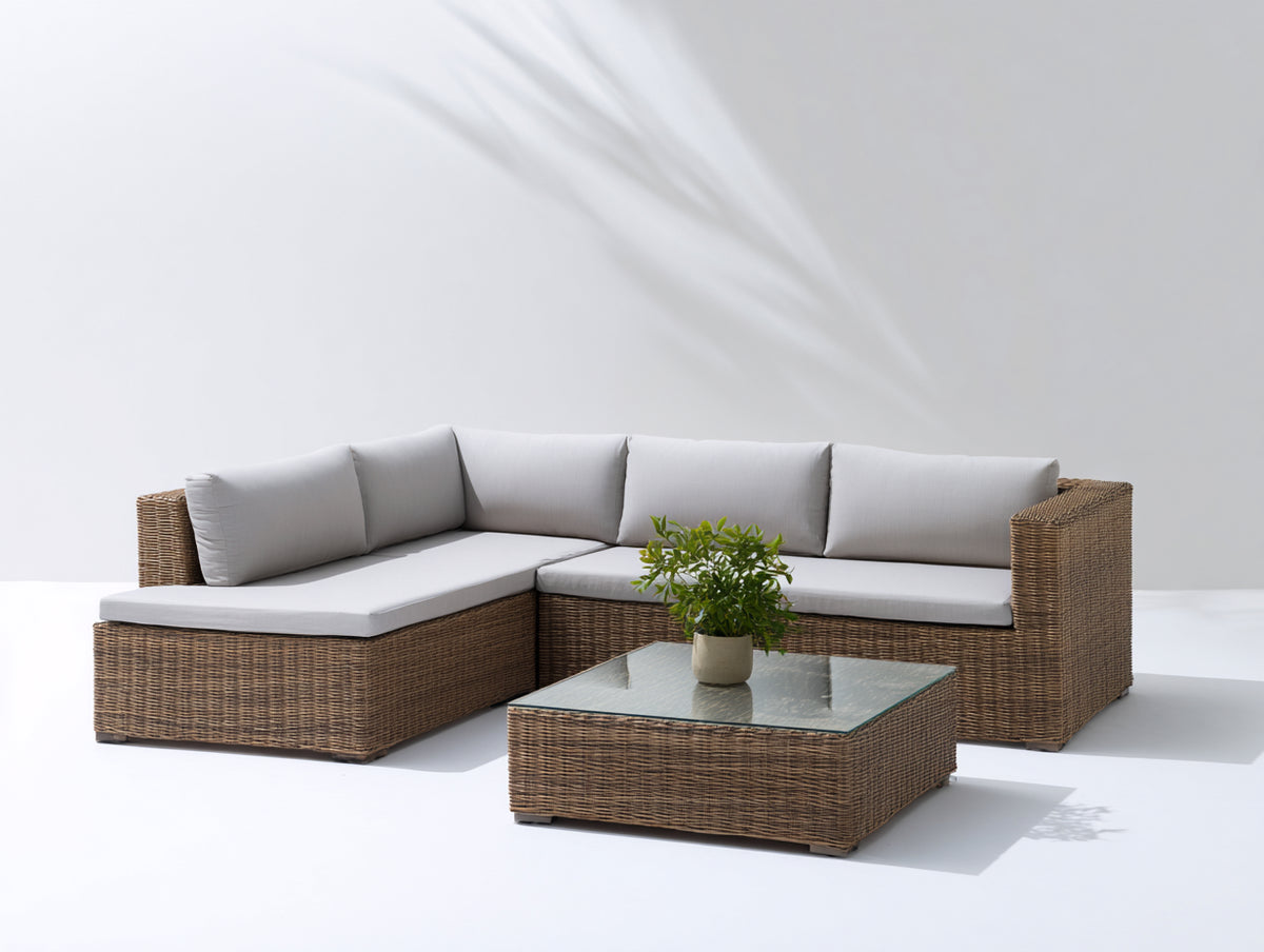 Sofás de exterior de ratán 240 x 180 x 75 cm - marrón-gris claro - estilo moderno con sofá esquinero y mesa de centro