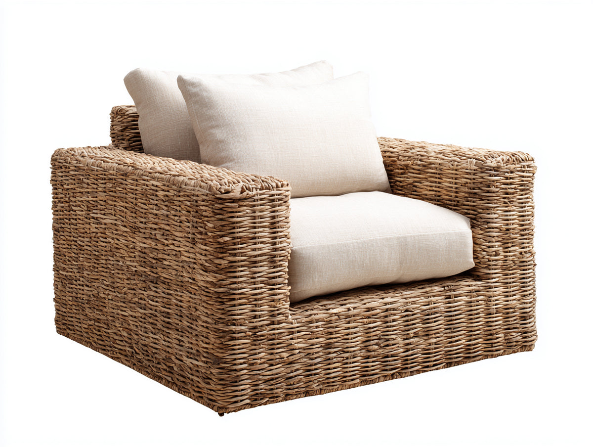 Sillones de ratán 95 x 88 x 78 cm - Marrón y beige claro - Sillón individual tejido con asiento acolchado y reposabrazos anchos