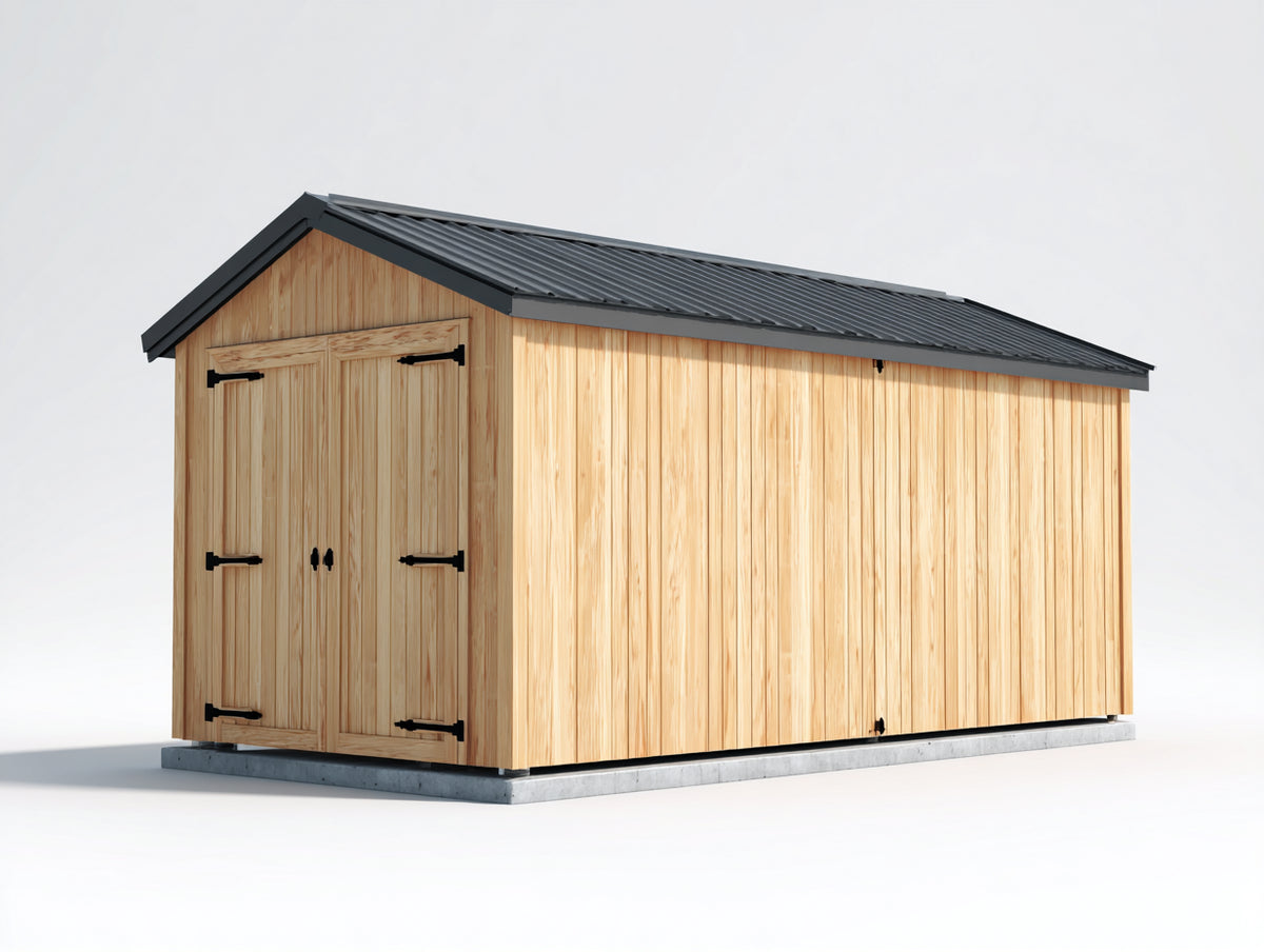 Casetas de jardín de madera 360 x 240 x 230 cm - madera natural-negro - estilo rústico con puerta doble y tejado inclinado