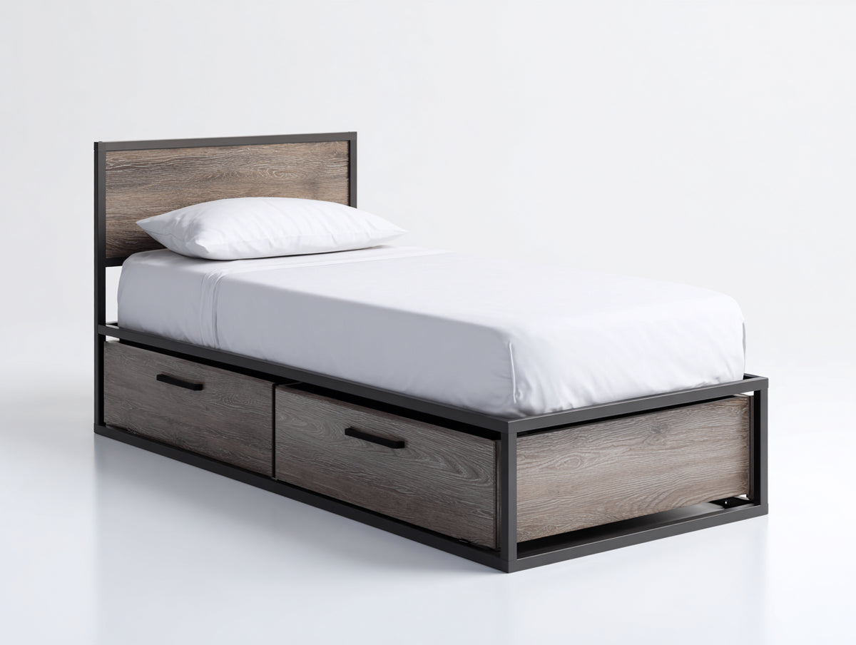 Camas individuales cama individual con cajones de madera MDF 200x100x110 cm - gris y negro - estilo moderno con almacenamiento integrado
