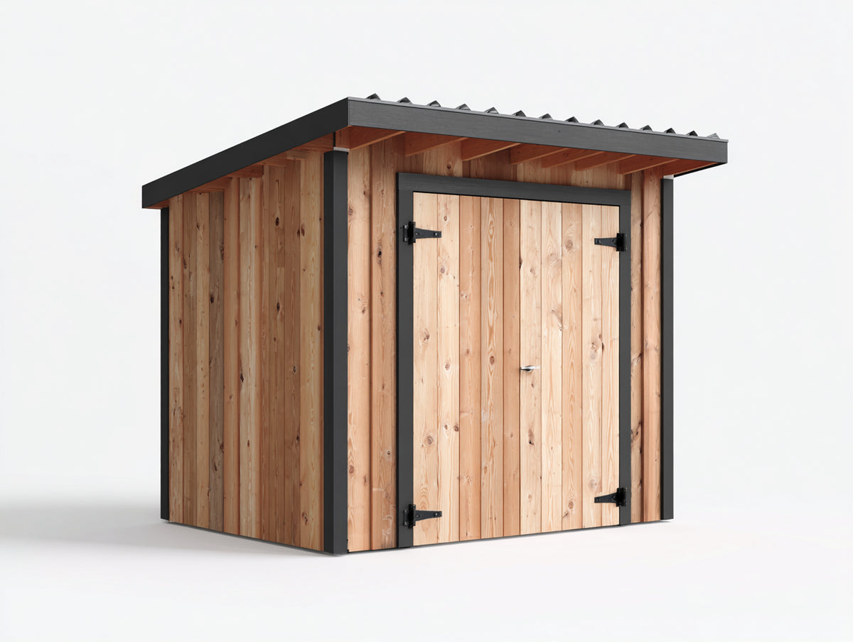 Casetas de jardín de madera maciza y metal 220x180x210 cm - madera natural y gris oscuro - doble puerta con tejado inclinado estilo moderno
