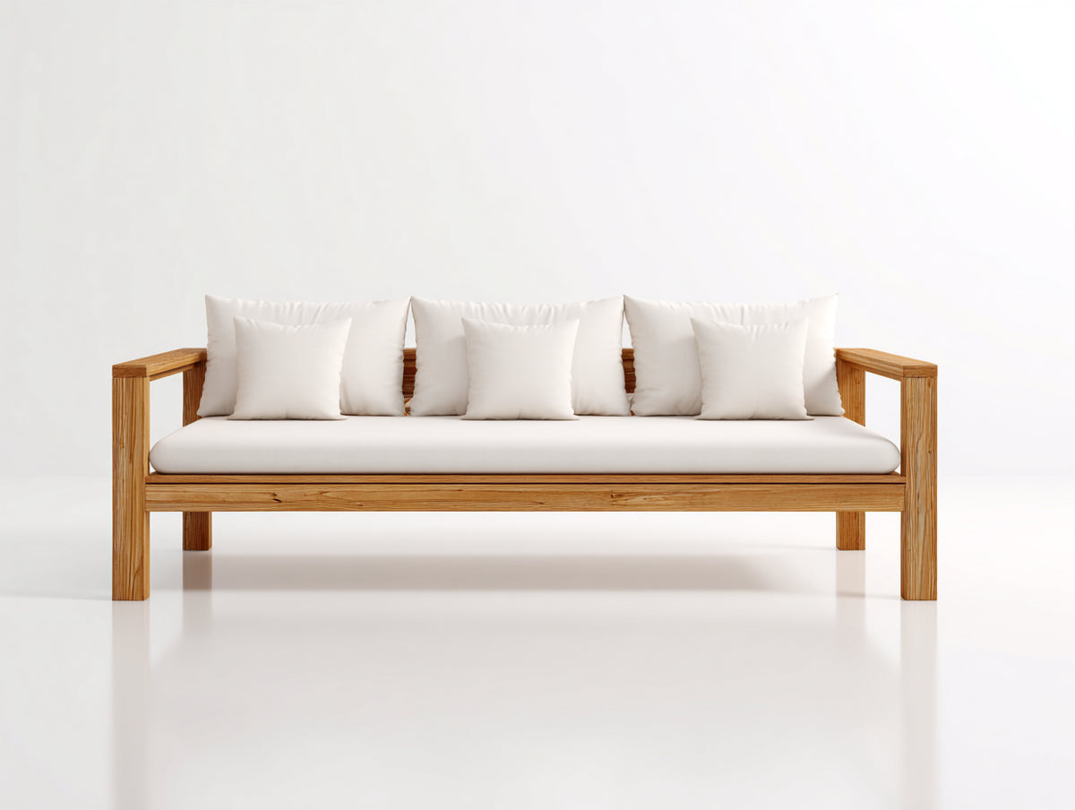 Sofás de exterior de madera maciza 210x82x78 cm - madera natural y crema - 3 plazas con asiento acolchado estilo moderno